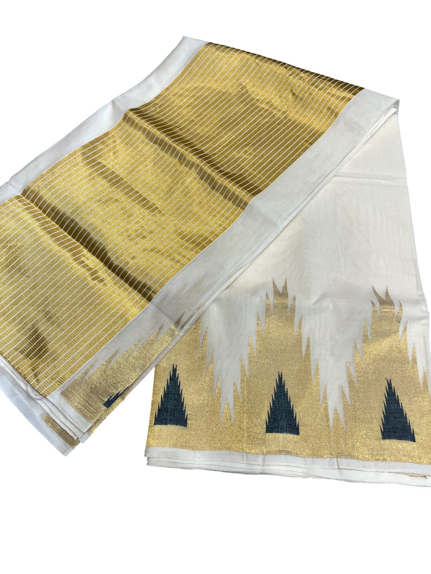 Southloom Super Premium Balaramapuram Unakkupaavu Handloom Cotton Saree with Green and Gold Temple Border