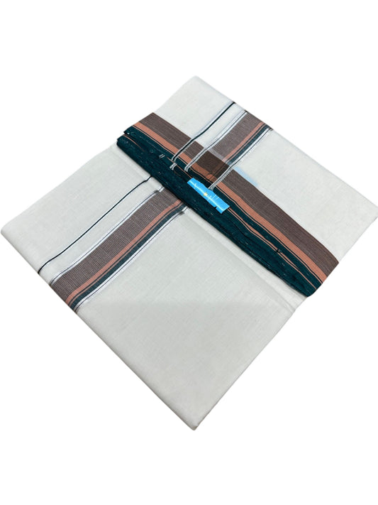 Southloom Balaramapuram Unakkupaavu Premium Handloom Cotton Double Mundu with Silver Kasavu and Green and Peach Border