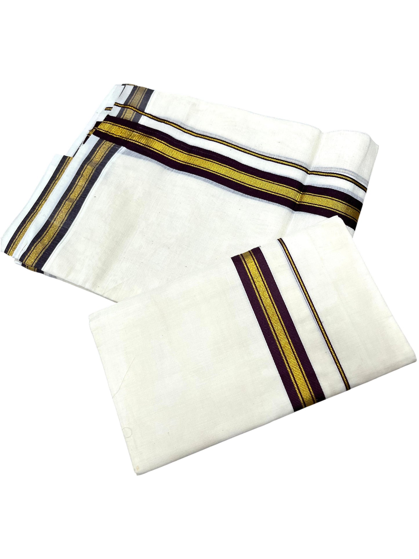 Southloom Pure Cotton Kerala Single Set Mundu (Mundum Neriyathum) with Purple Kasavu Border in 2.80 Mtrs