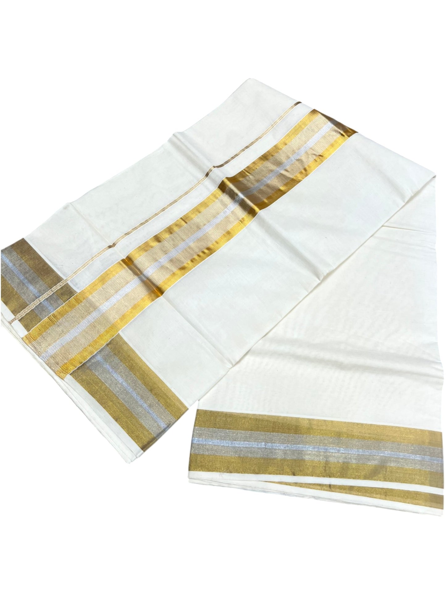 Southloom Pure Cotton Kerala Saree with Gold and Silver Kasavu Border in 3 inch