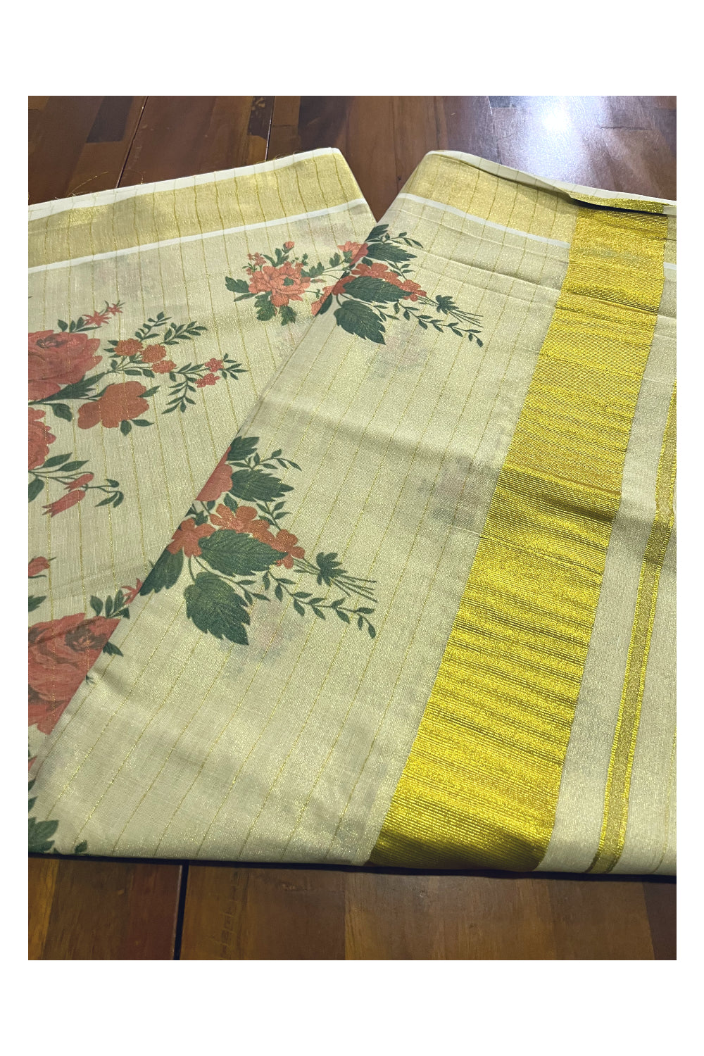 Kerala Tissue Kasavu Lines Design Saree with Floral Prints on Body