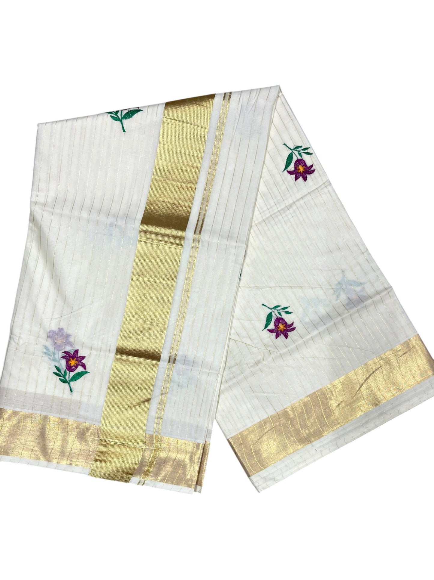 Southloom Kerala Cotton Kasavu Lines Saree with Floral Embroidery Work on Body