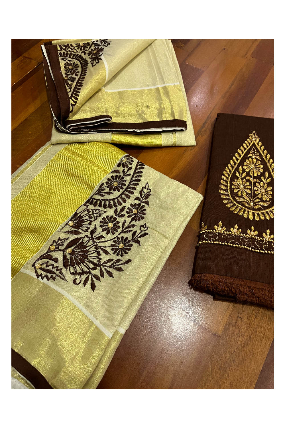 Kerala Tissue Kasavu Set Mundu (Mundum Neriyathum) with Handwork Embroidery Design and Brown Blouse Piece