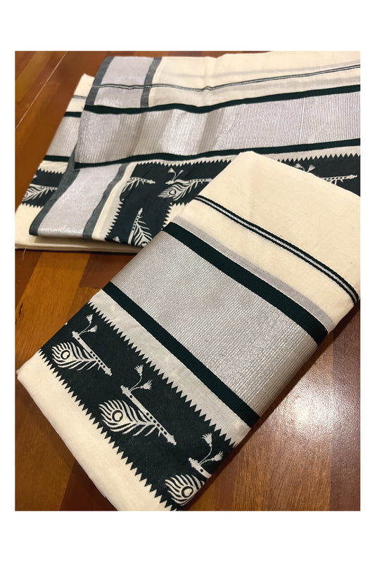 Pure Cotton Kerala Single Set Mundu (Mundum Neriyathum) with Dark Green Block Printed Silver Kasavu Border