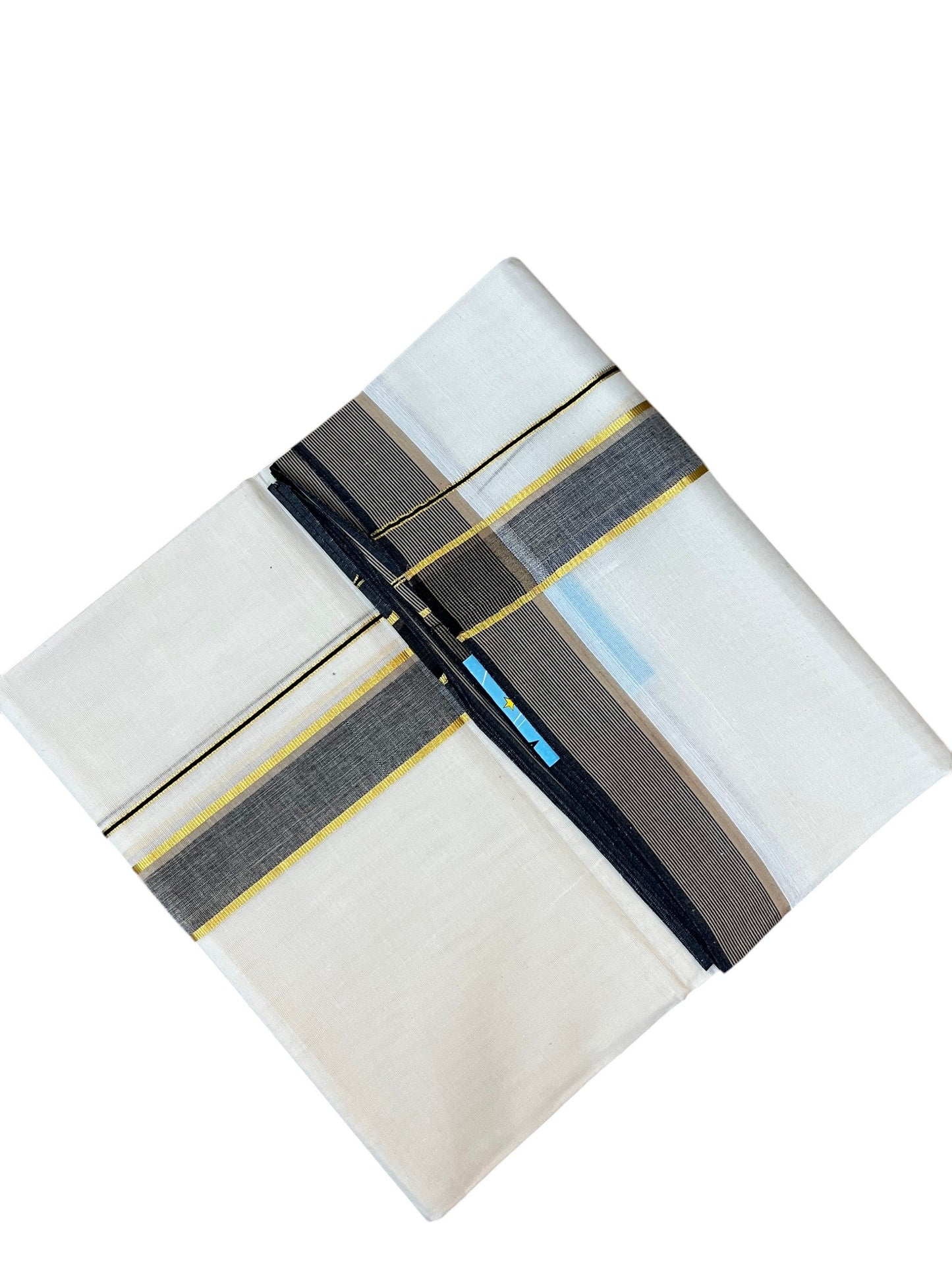 Southloom Pure Cotton Mundu with Golden Lines and Black Border (South Indian Kerala Dhoti)