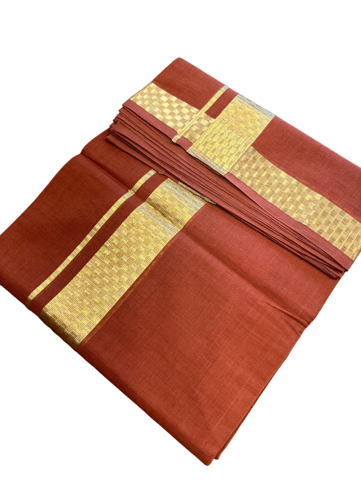 Southloom Premium Handloom Cotton Brown Double Mundu with Gold Paa Neythu Border