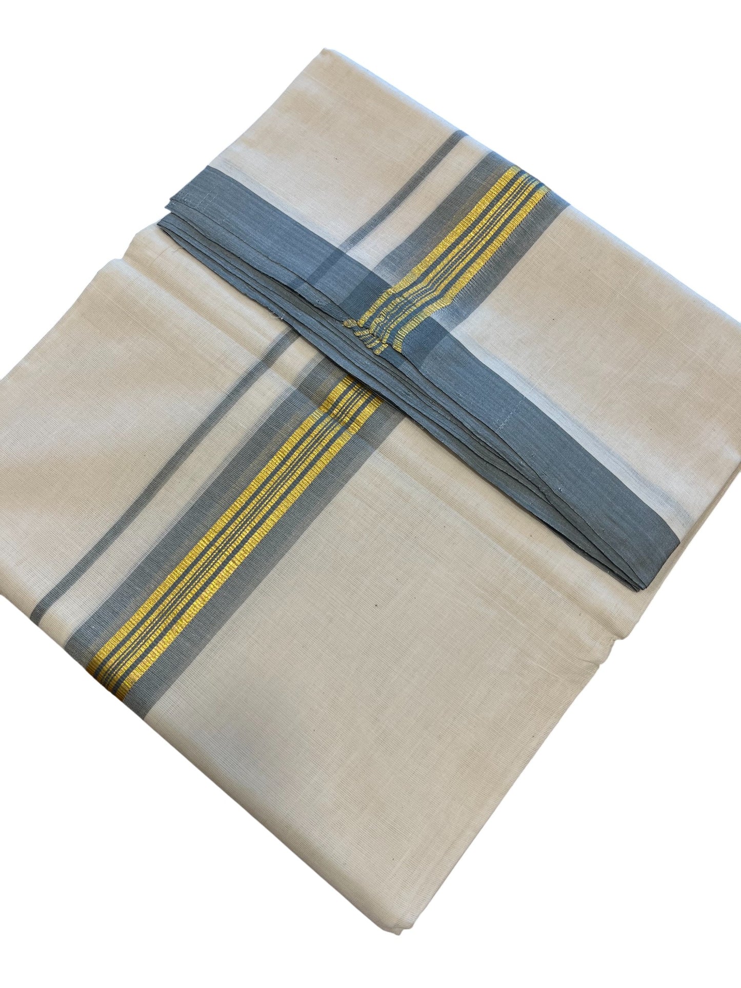 Southloom Premium Handloom Cotton Double Mundu with Gold and Grey Border