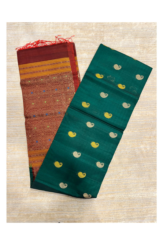 Southloom Pure Handloom Cotton Silk Saree With Handwoven Work Across Body and Blouse in Green And Brown