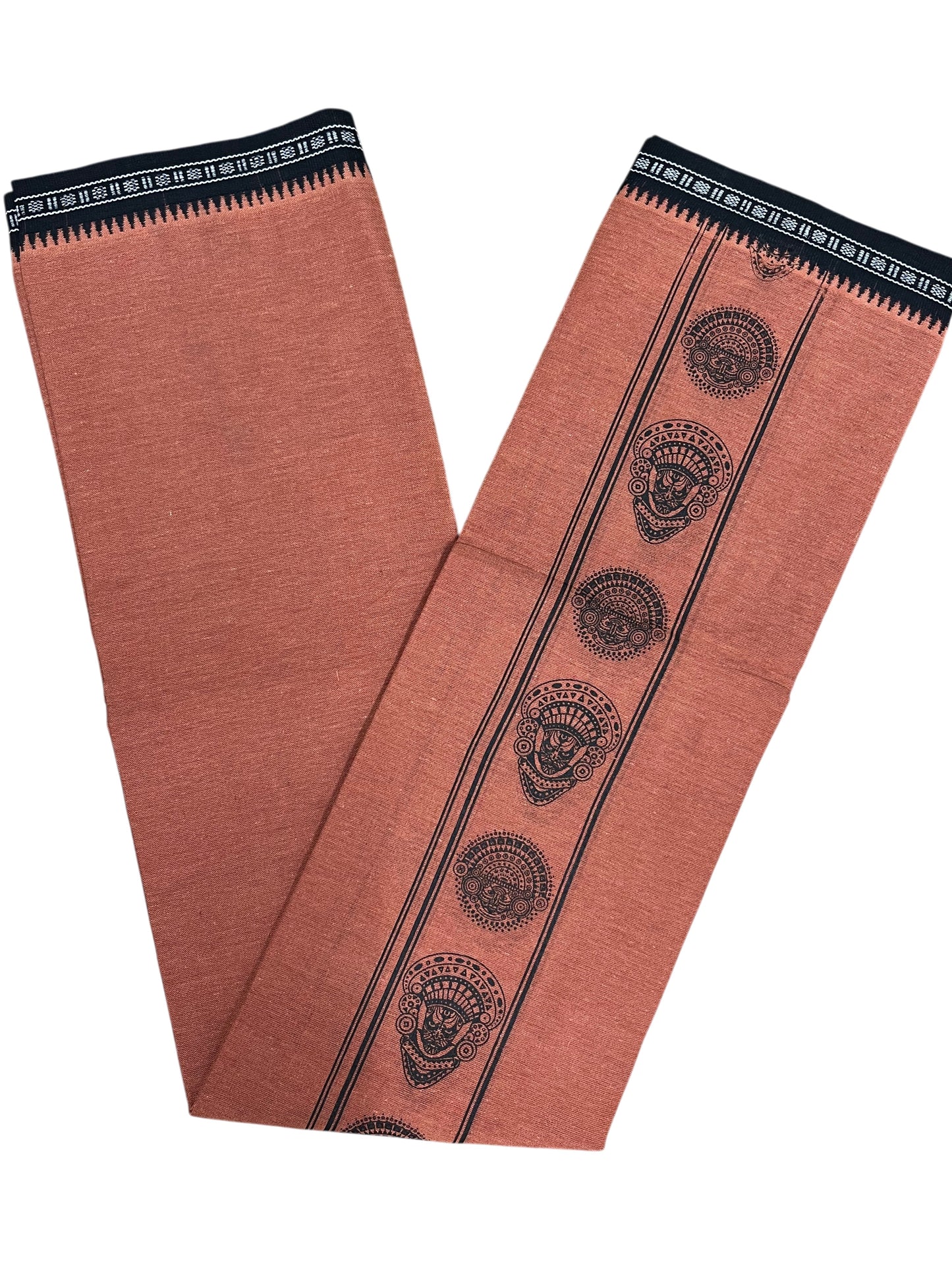 Southloom Saffron (Kaavi) Black Printed Single Mundu / Lungi (South Indian Kerala Dhoti)