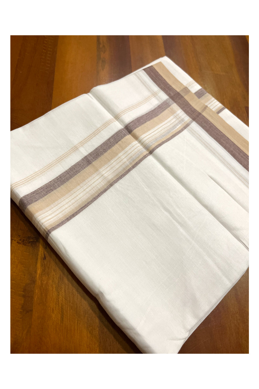 Pure White Cotton Kerala Double Mundu with Beige Brown Border (South Indian Kerala Dhoti)