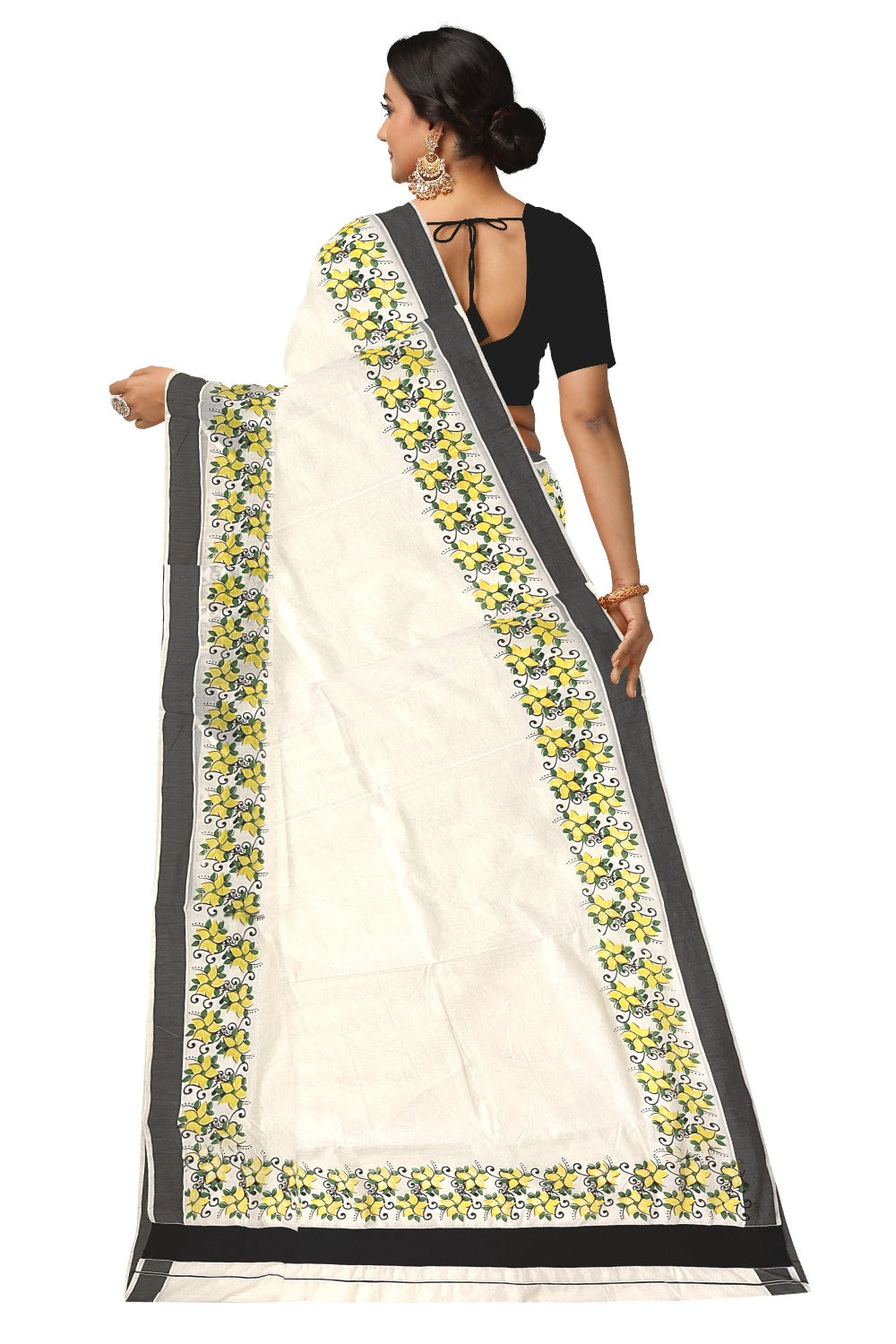 Pure Cotton Kerala Saree with Floral Block Printed and Black Border