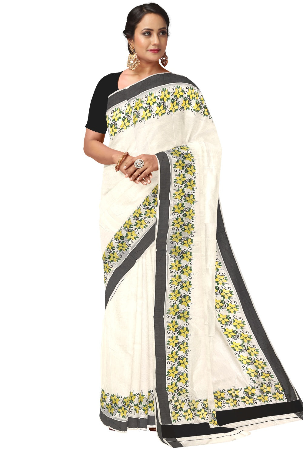 Pure Cotton Kerala Saree with Floral Block Printed and Black Border