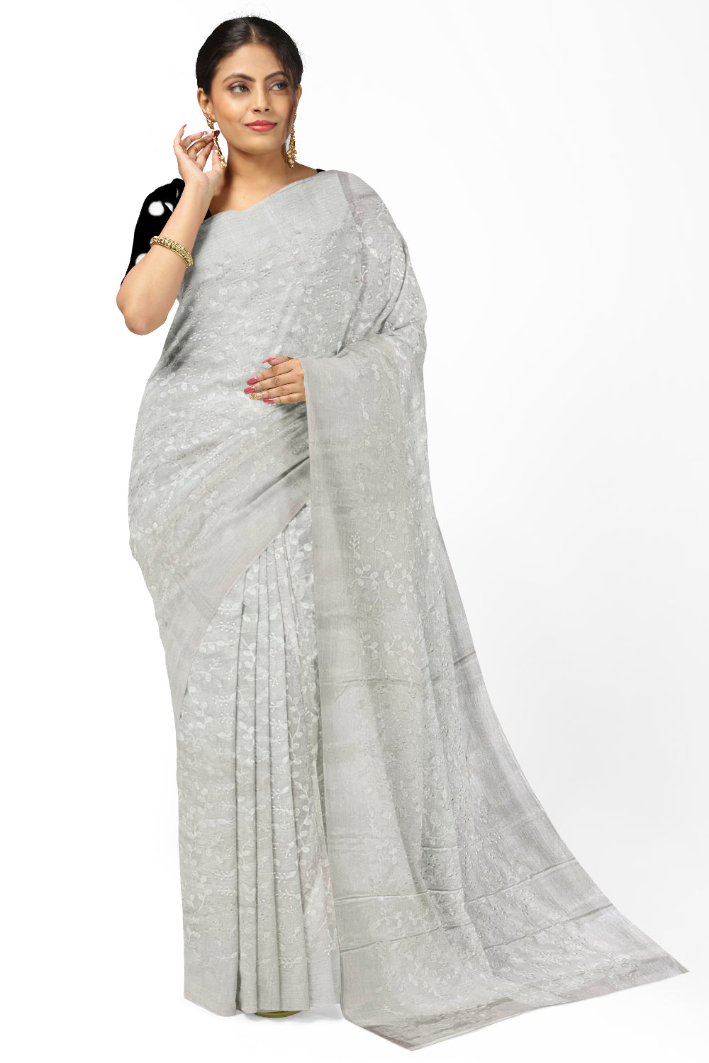 Southloom Chiffon Pure White Saree with Floral Thread Works