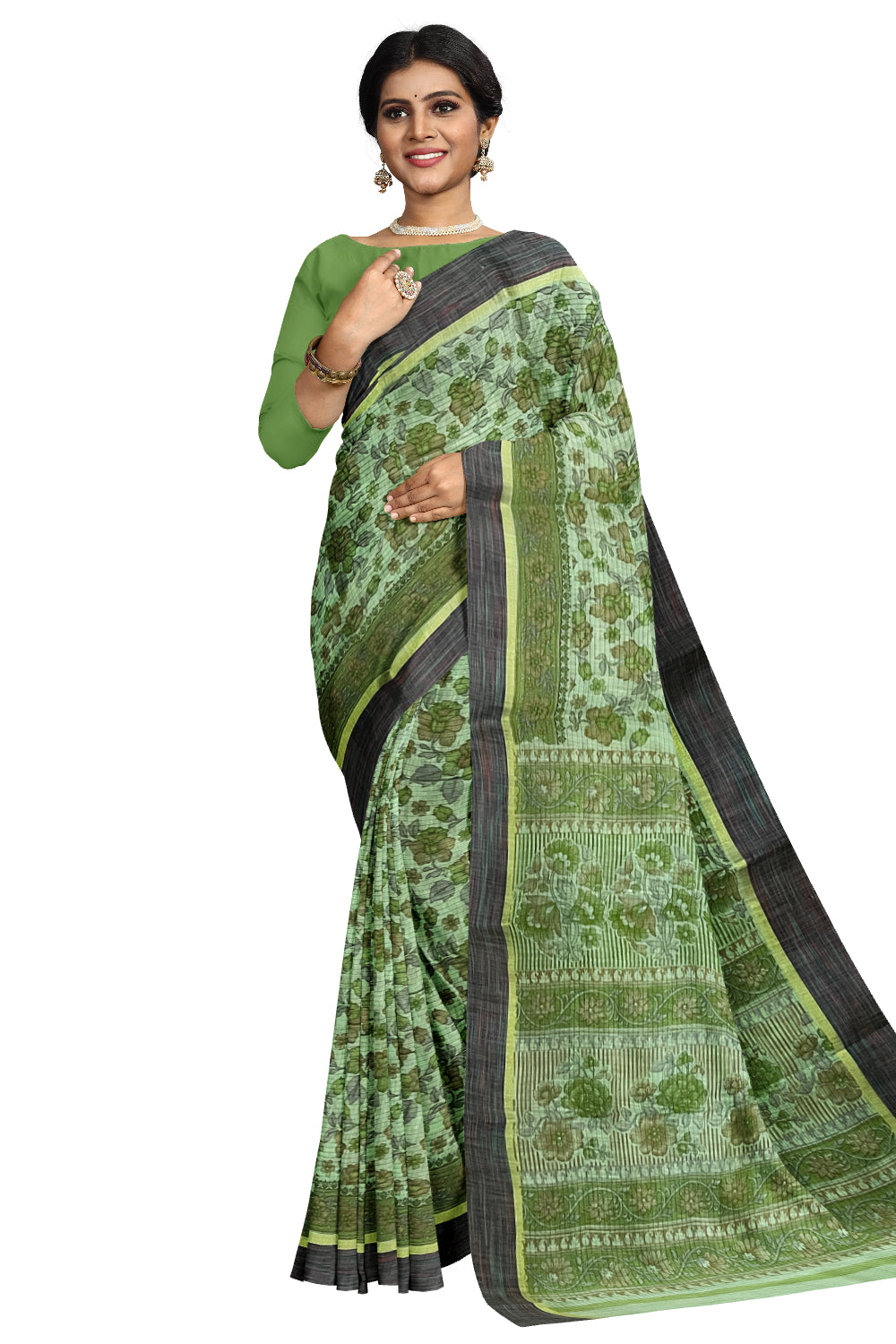 Southloom Cotton Green Floral Printed Saree