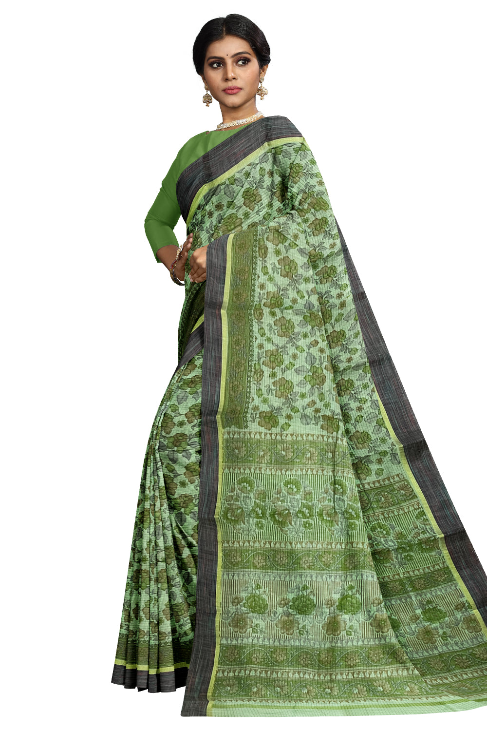 Southloom Cotton Green Floral Printed Saree