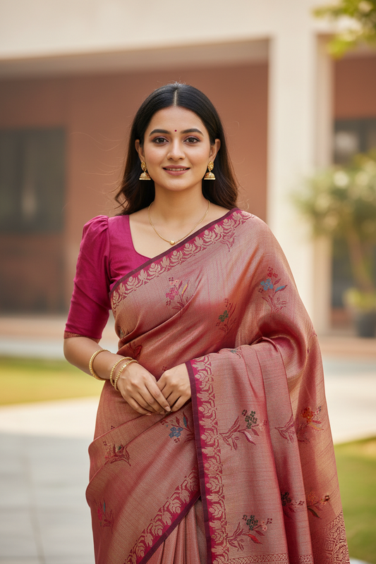 Southloom Banarasi Silk Saree with Woven Work on Body and Borders (Magenta)