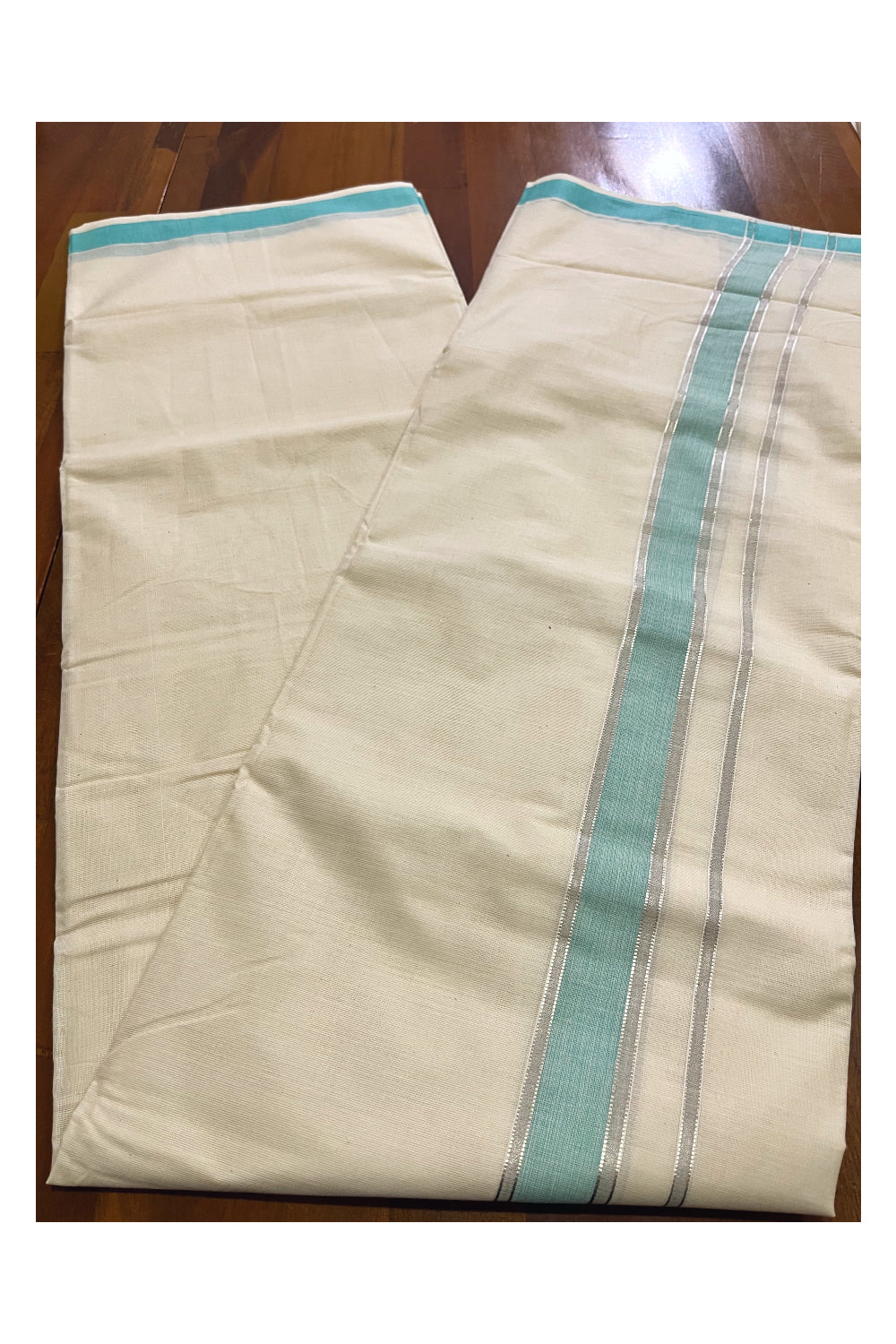 Pure Cotton Kerala Double Mundu with Silver Kasavu and Turquoise Border (South Indian Kerala Dhoti)