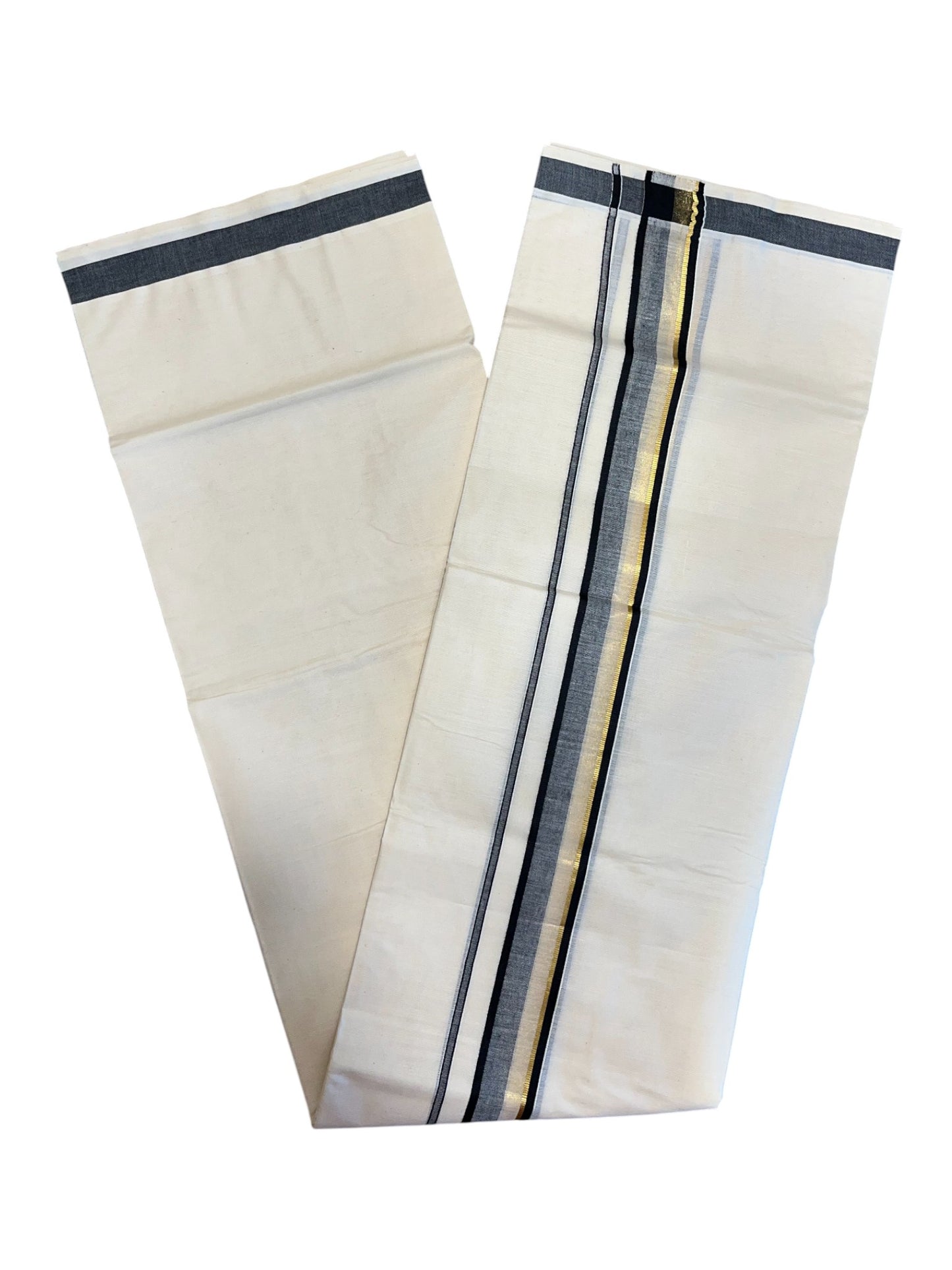 Southloom Pure Cotton  Double Mundu With Gold Kasavu And Black & Gray Border (South Indian Kerala Dhoti)