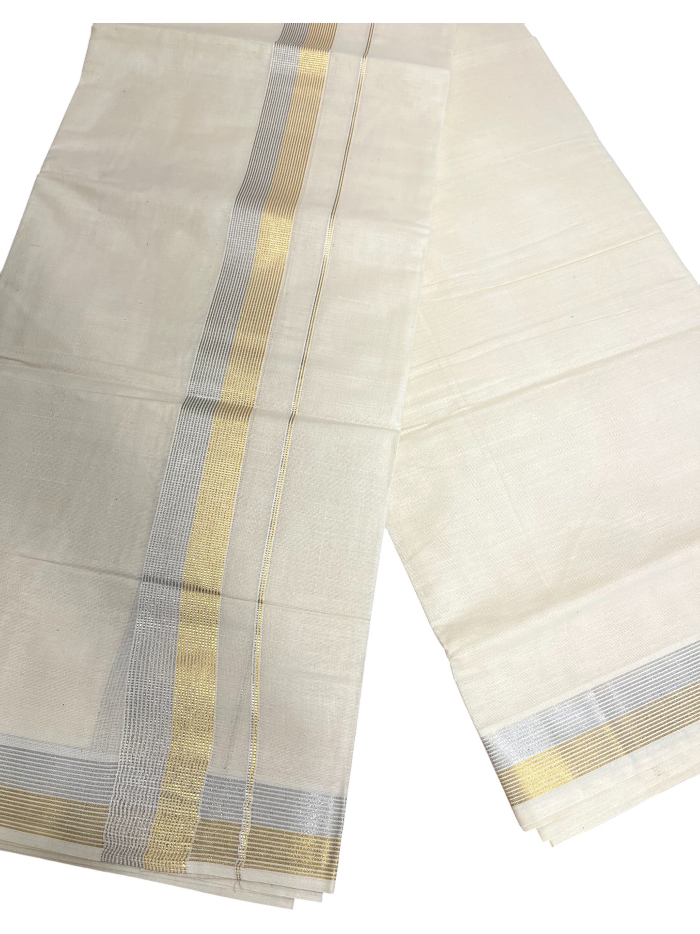 Kerala Cotton Double Mundu with Silver And Golden Border  (South Indian Dhoti)