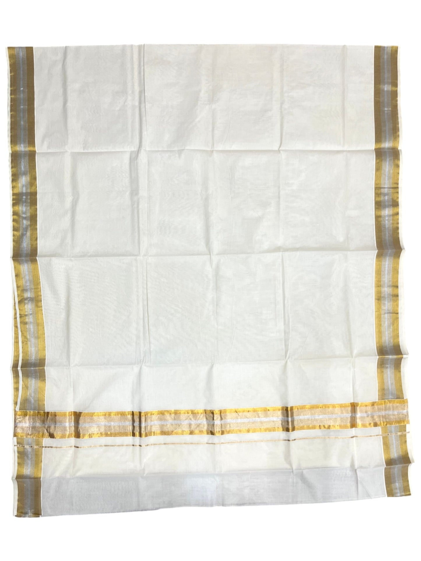 Southloom Pure Cotton Kerala Saree with Gold and Silver Kasavu Border in 3 inch