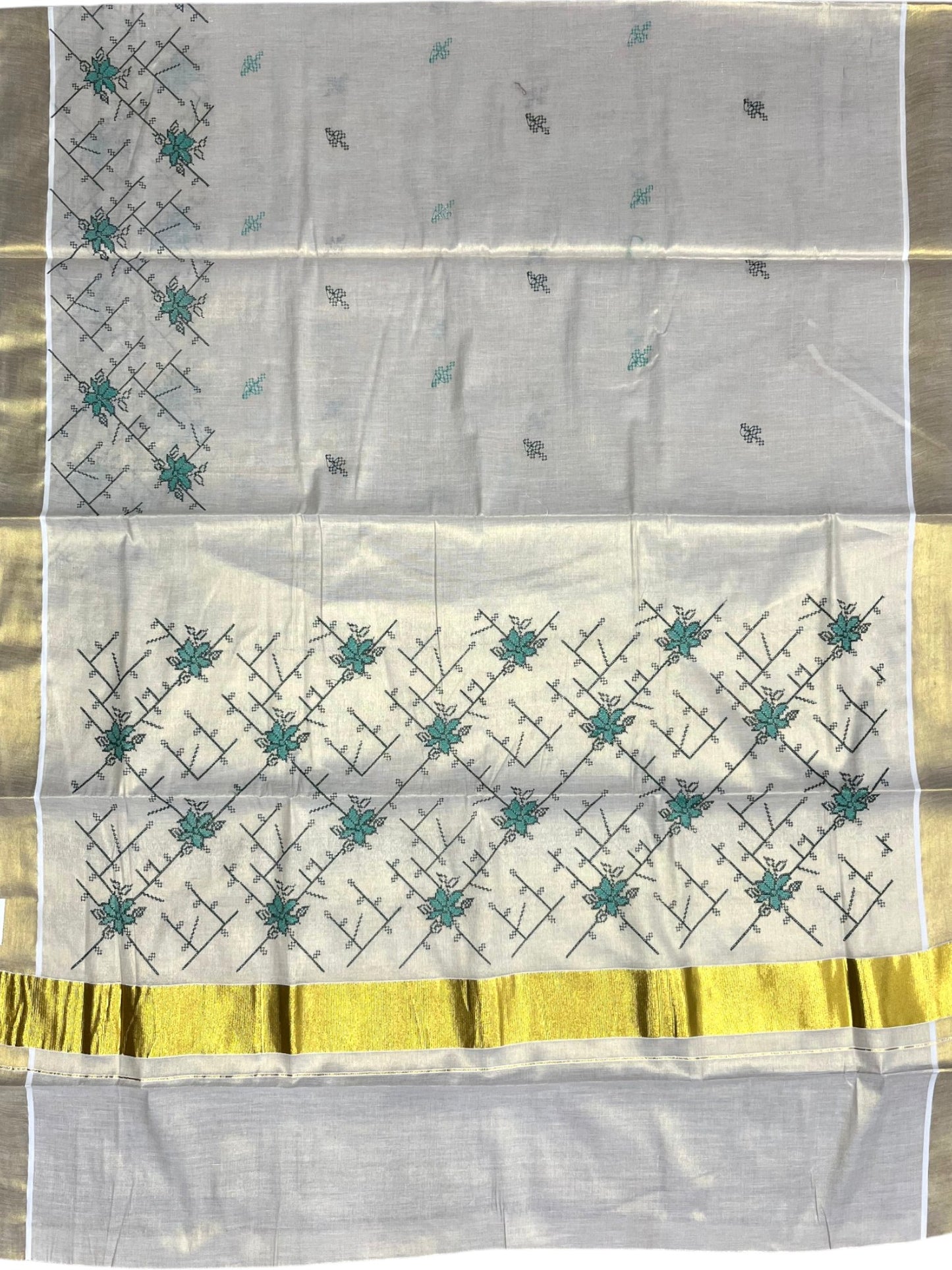 Southloom Tissue Kerala Kasavu Saree with Floral Embroidery Work on Body in Green