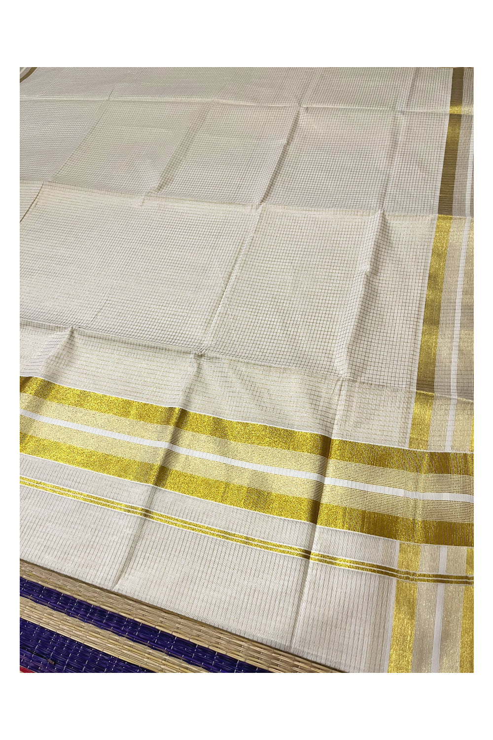 Kerala Cotton Kasavu Micro Check Woven Saree