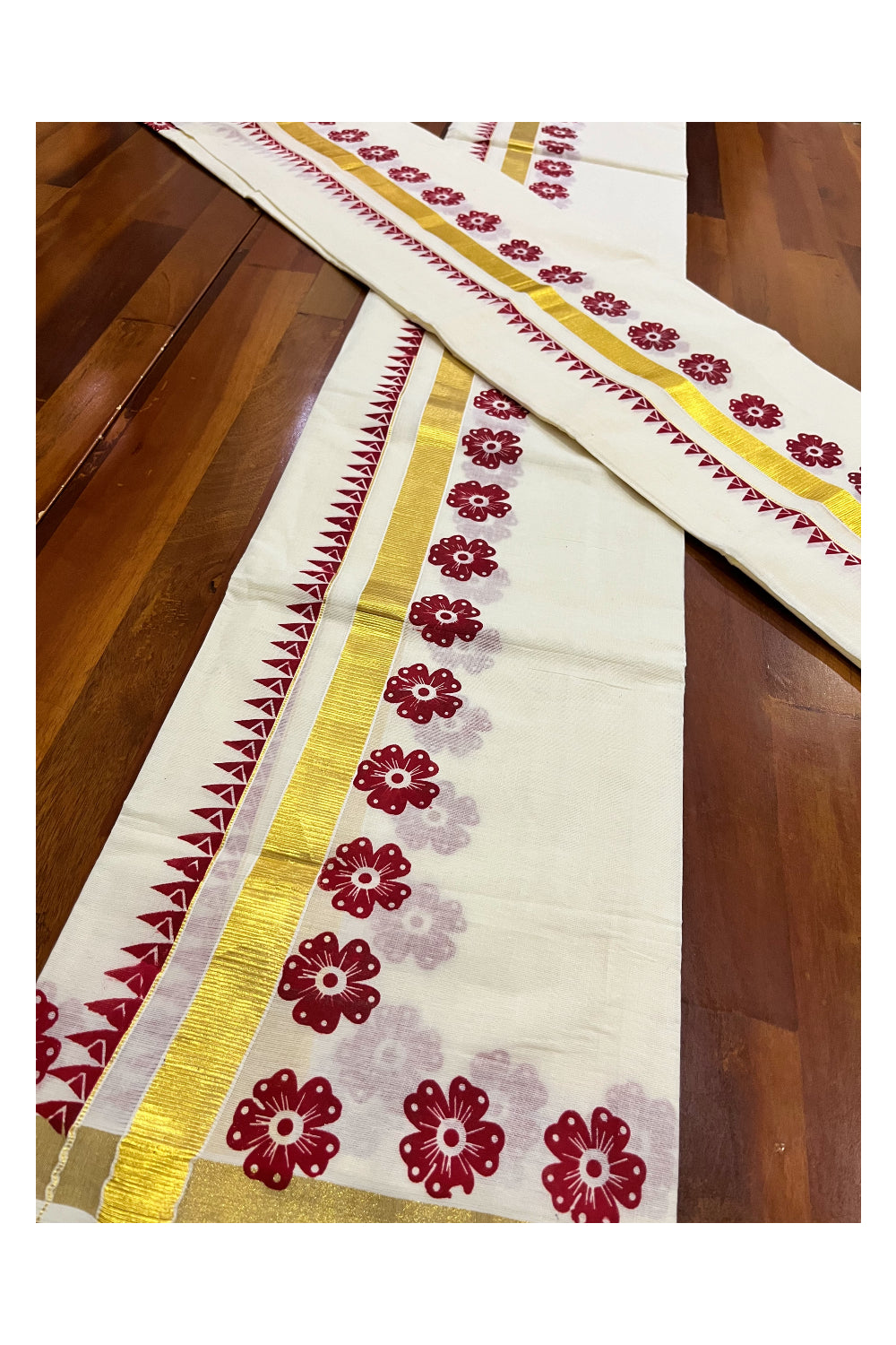 Kerala Pure Cotton Kasavu Set Mundu Single (Mundum Neriyathum) with Maroon Block Prints and Temple Border 2.80 Mtrs