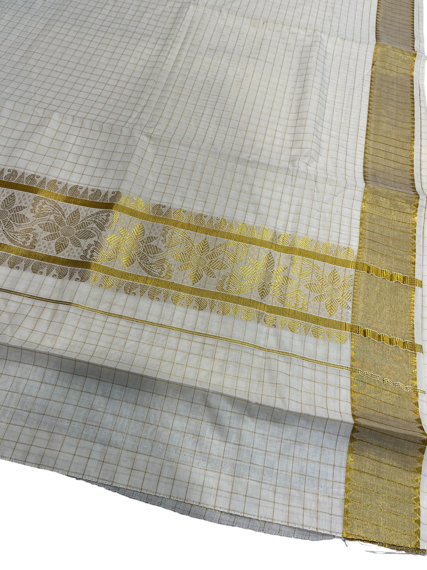 Southloom Pure Cotton Kerala Kasavu Check Saree with Woven Work