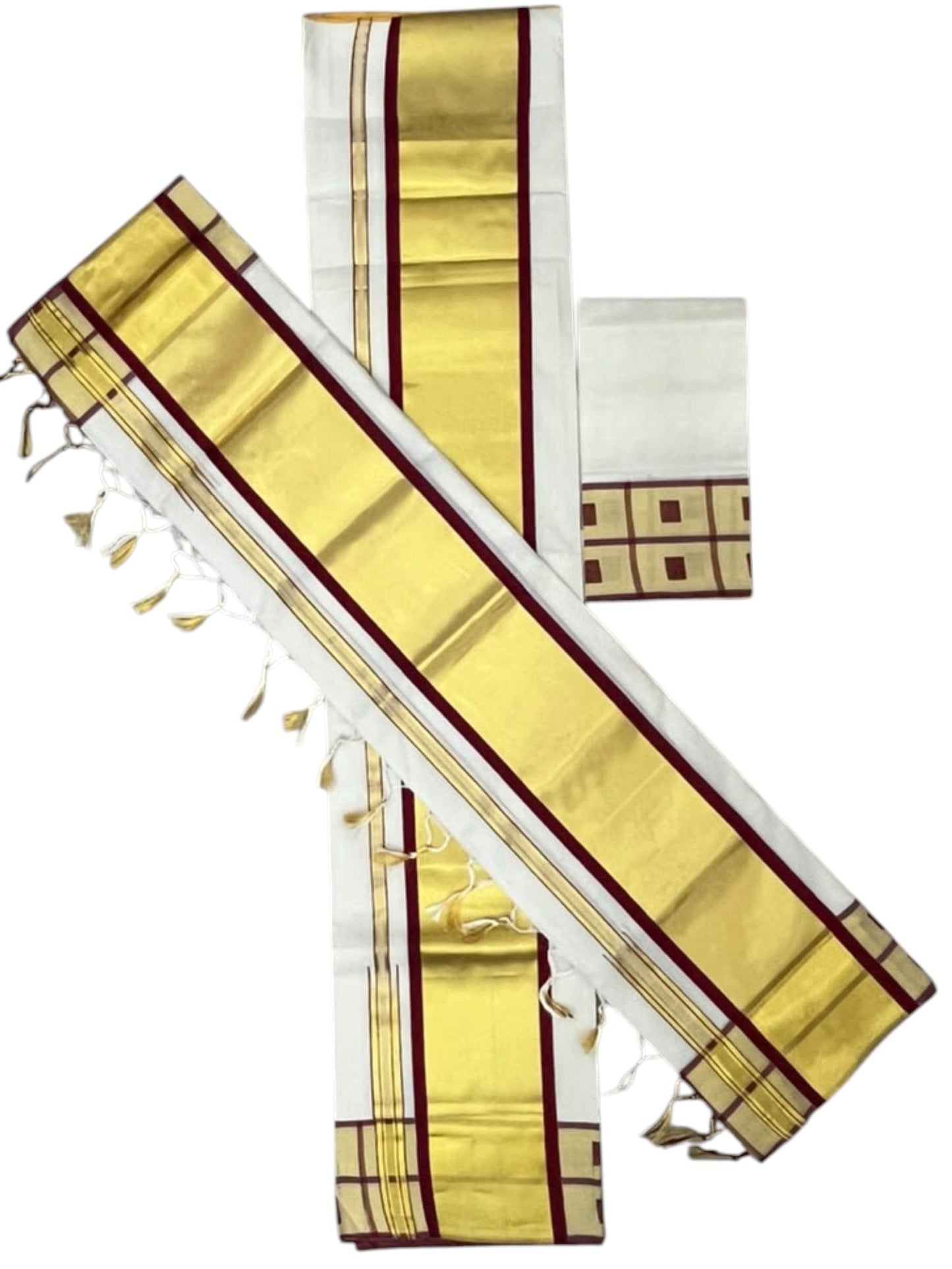 Southloom Premium Cotton Handloom Set Mundu with Kasavu With Maroon and Golden Border (2.80 Mtr)