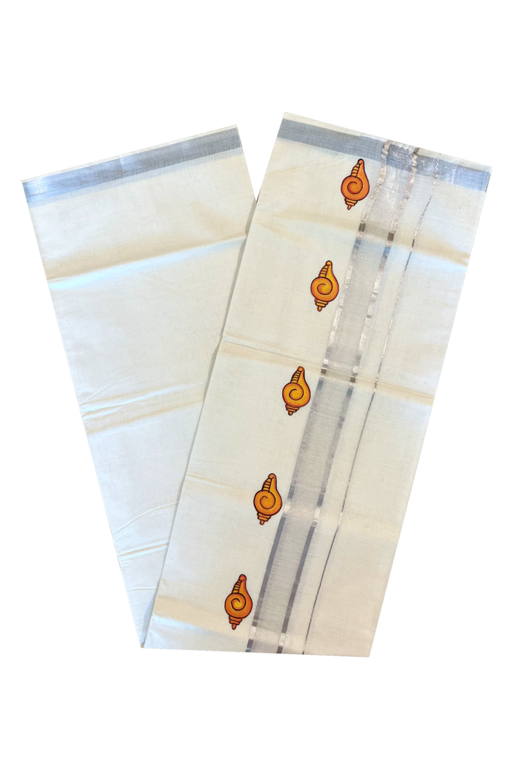 Kerala Pure Cotton Double Mundu with Mural Printed on Silver Kasavu Border