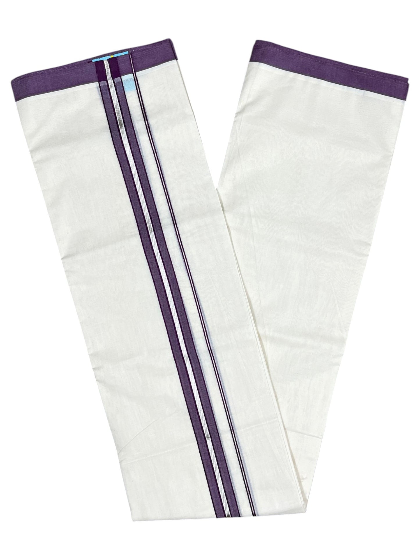 Southloom Pure Cotton Mundu with Silver Lines and Purple Border (South Indian Kerala Dhoti)