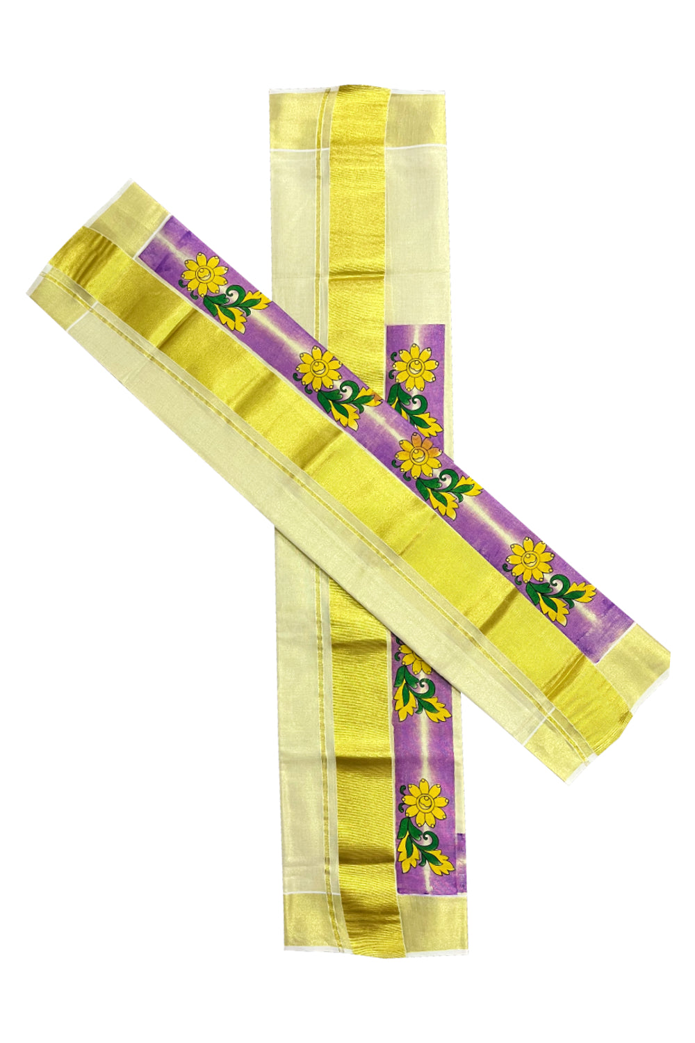 Kerala Tissue Single Set Mundu (Mundum Neriyathum) with Yellow Floral Block Prints in Violet Border 2.80 Mtrs (Onam 2024 Collection)