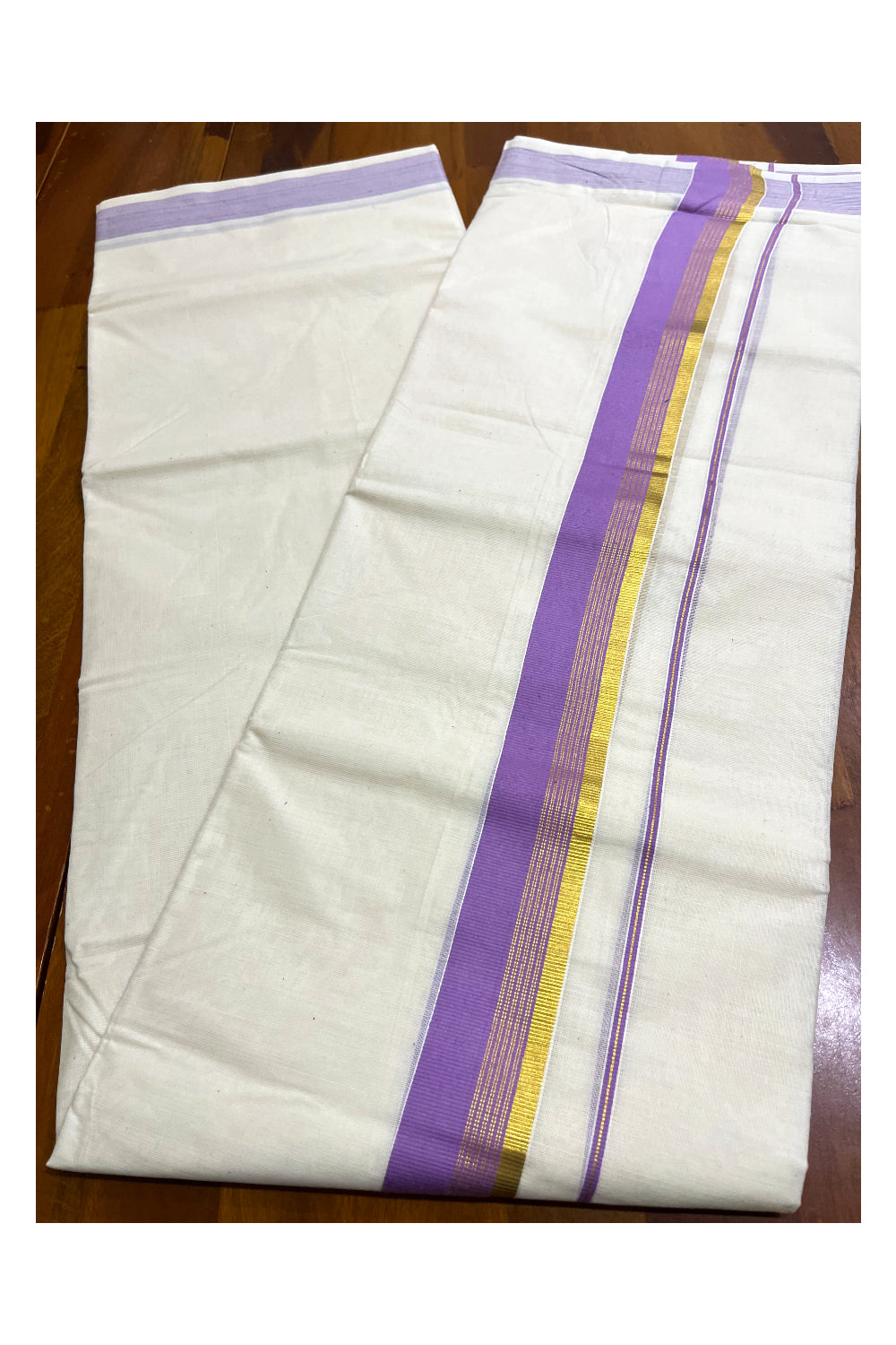 Kerala Pure Cotton Double Mundu with Violet and Kasavu Border (South Indian Kerala Dhoti)