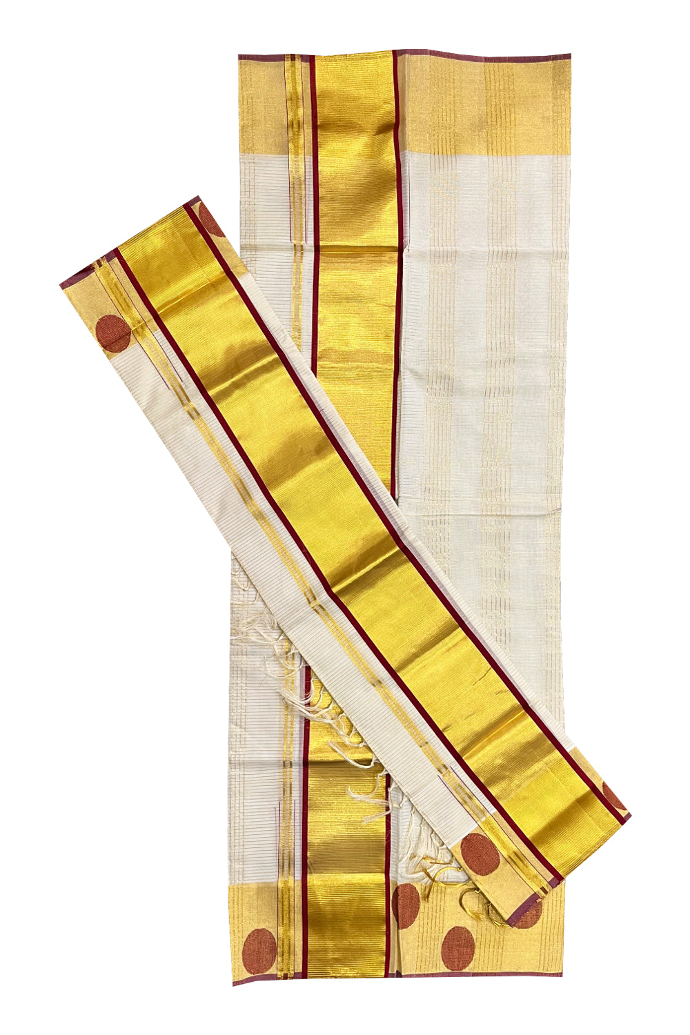Southloom Handloom Premium Cotton Kasavu Striped Set Mundu With Red Polka Woven Patterns (Mundum Neriyathum) 2.70 Mtrs