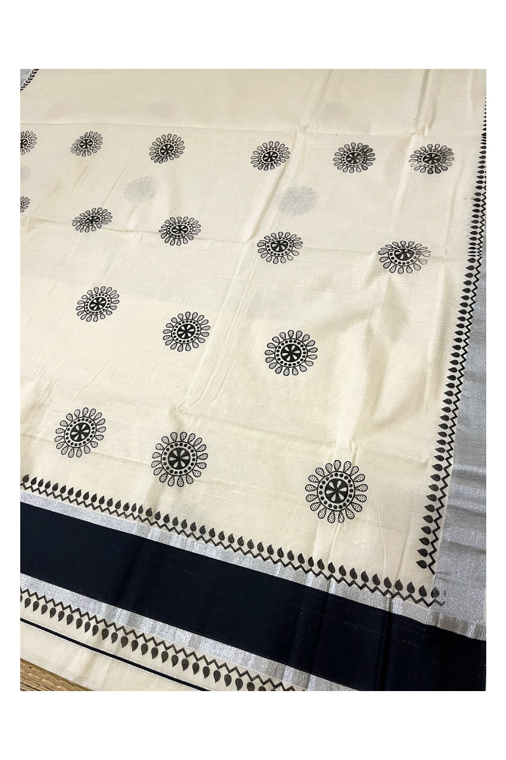 Kerala Pure Cotton Saree with Black Block Prints and Silver Kasavu Border