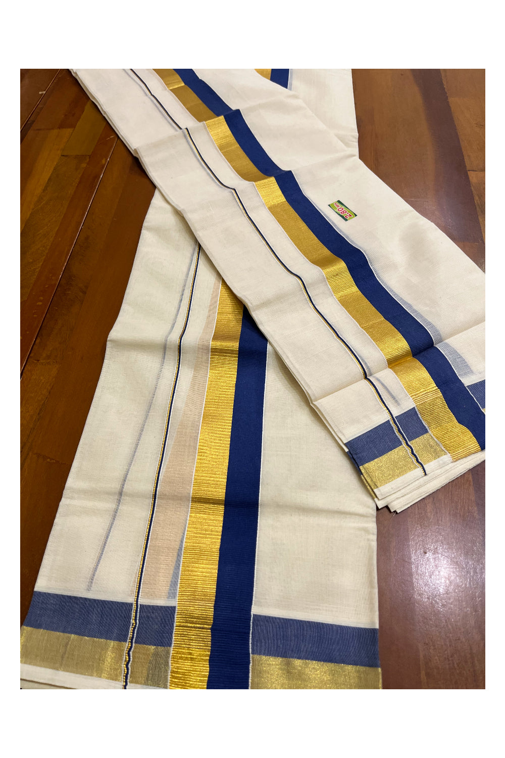 Kerala Cotton Set Mundu (Mundum Neriyathum) with Blue and Kasavu Border 2.80 Mtrs