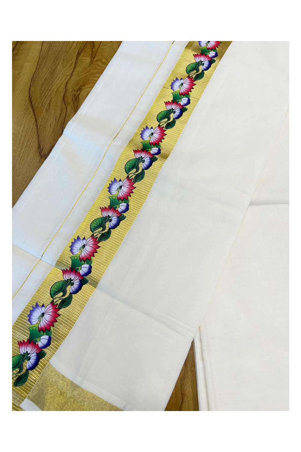 Pure Cotton Off White Double Mundu with Block Prints on Kasavu Kara (South Indian Dhoti)