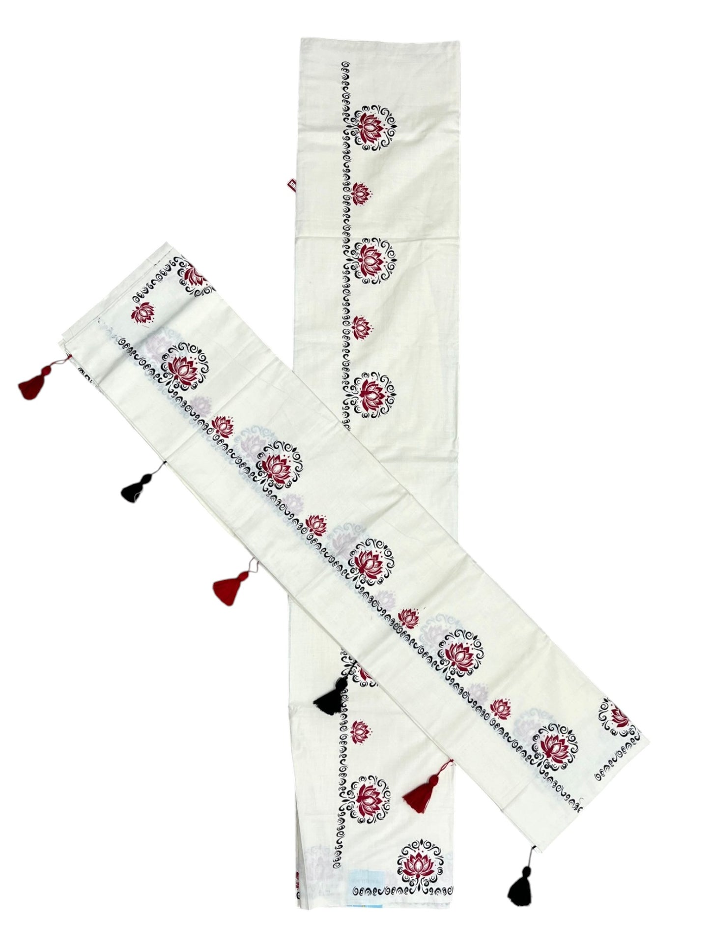 Southloom Kerala Cotton Single Set Mundu (Mundum Neriyathum) with Red &Black Lotus Block Printed Design