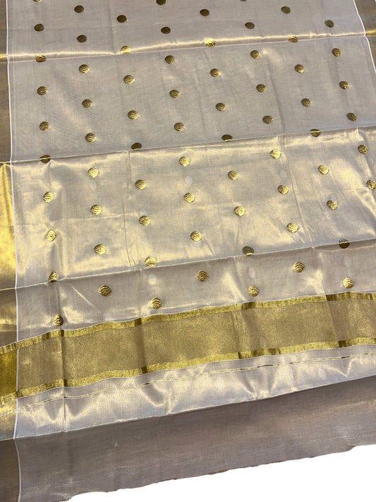 Southloom Kerala Tissue Kasavu Saree with Polka Embroidery Works Across Body