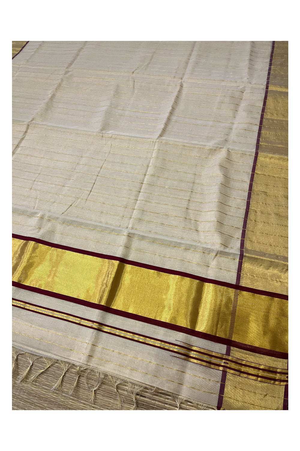 Southloom Premium Handloom Tissue Kasavu Lines Design Saree with Maroon Border