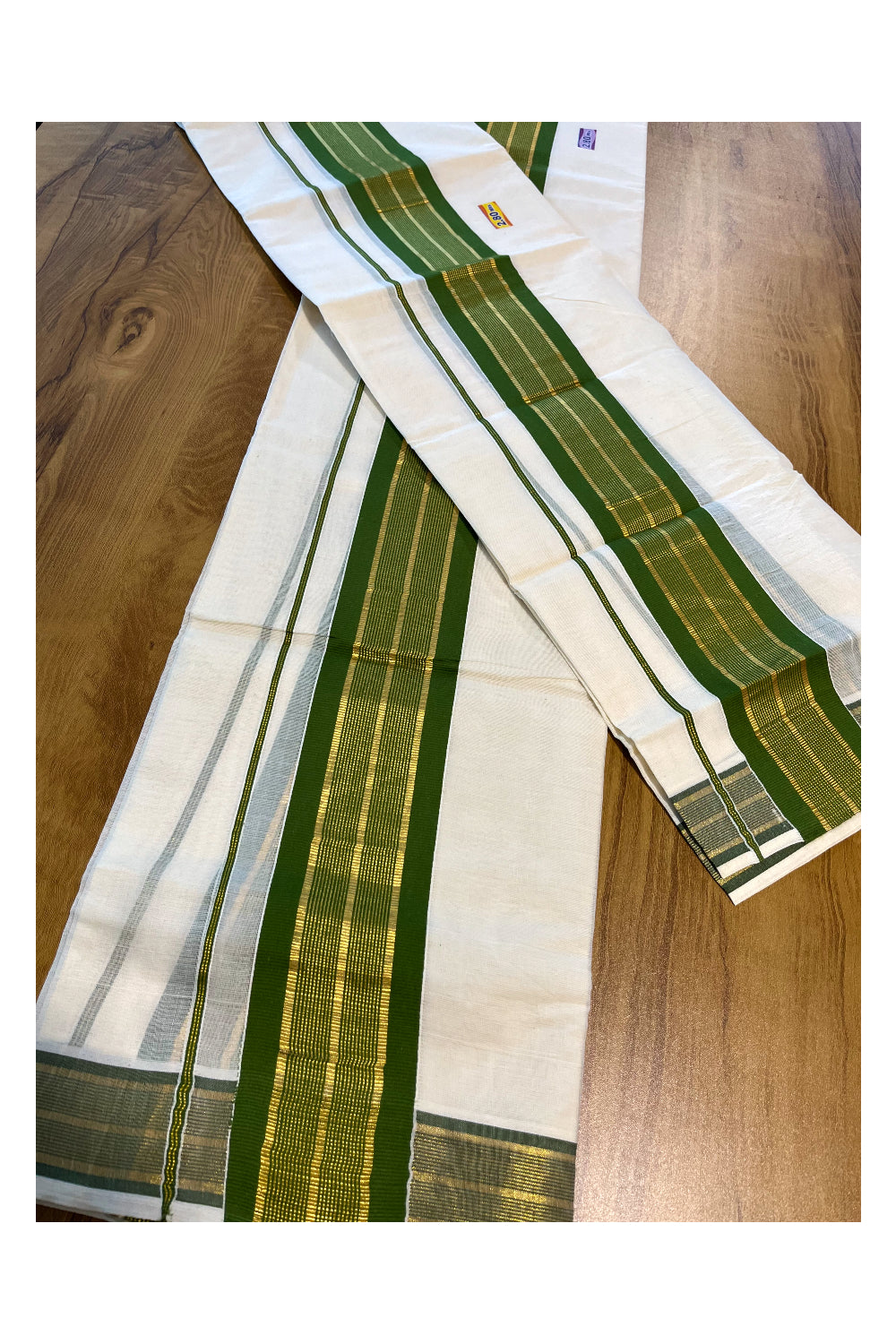 Kerala Cotton Set Mundu (Mundum Neriyathum) with Kasavu and Olive Green Border 2.80 Mtrs