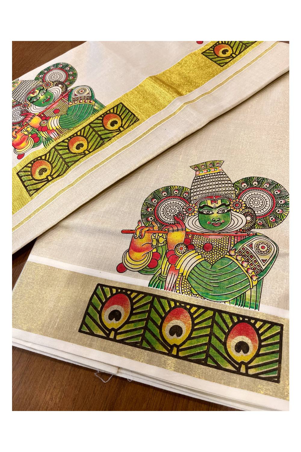 Kerala Tissue Kasavu Saree with Kathakali Mural Prints on Border and Pallu