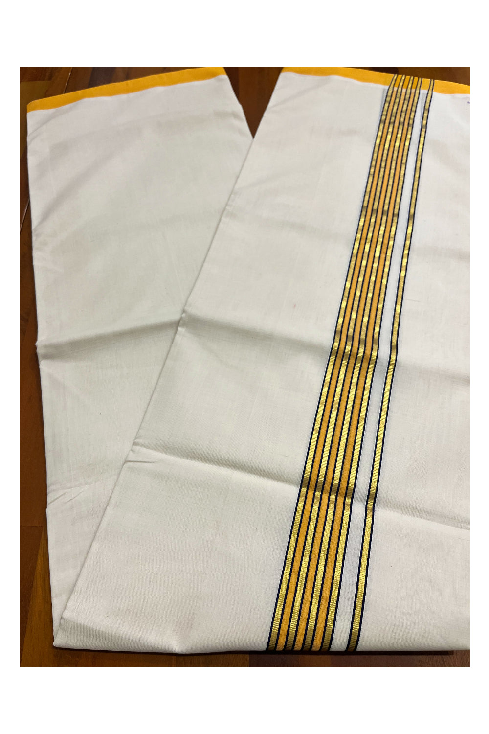 Premium Balaramapuram Handloom Unakkupaavu Cotton Double Mundu with Orange and Kasavu Border (Vishu 2024 Collection)