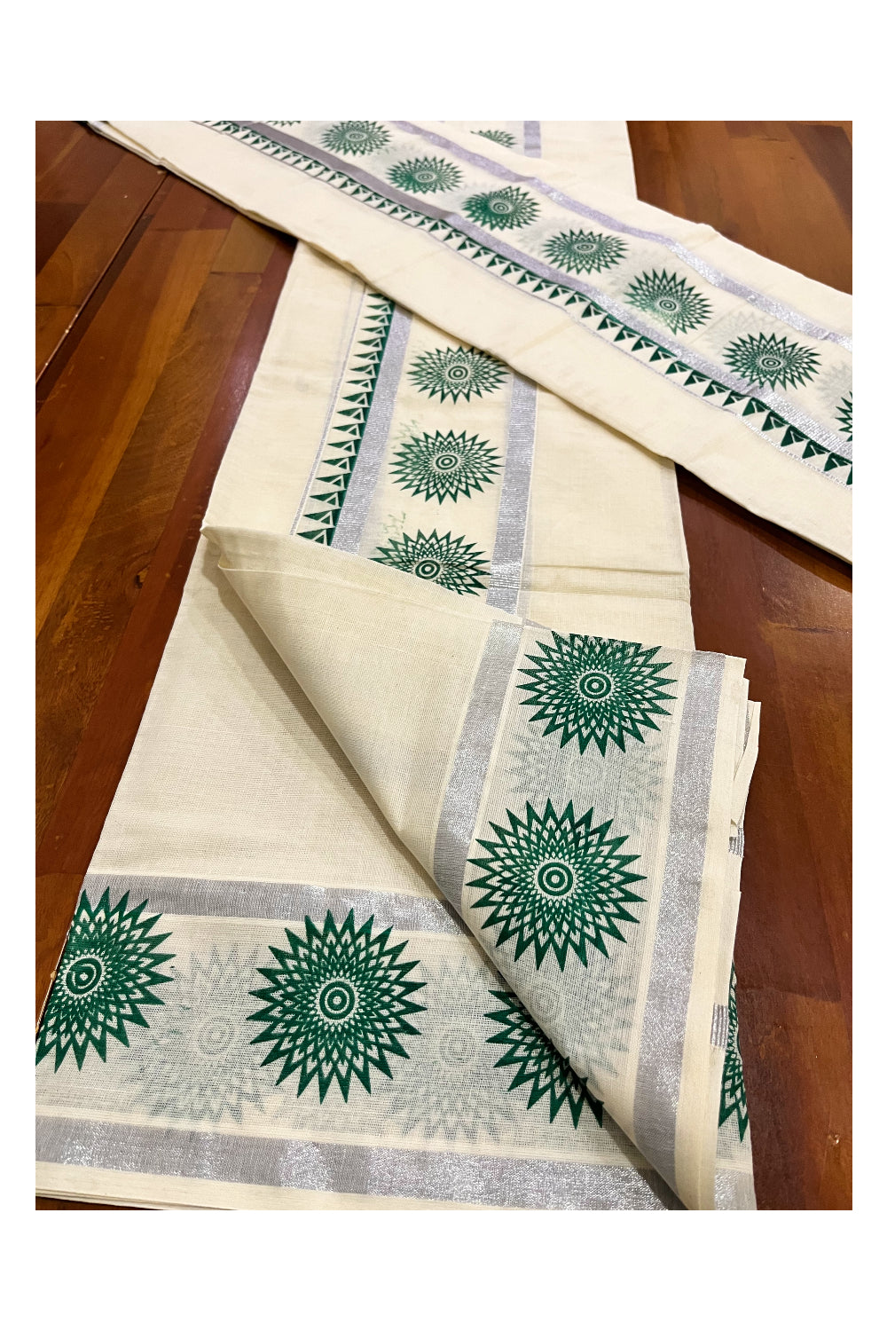 Kerala Pure Cotton Set Mundu Single (Mundum Neriyathum) with Green Temple Block Prints on Silver Kasavu Border