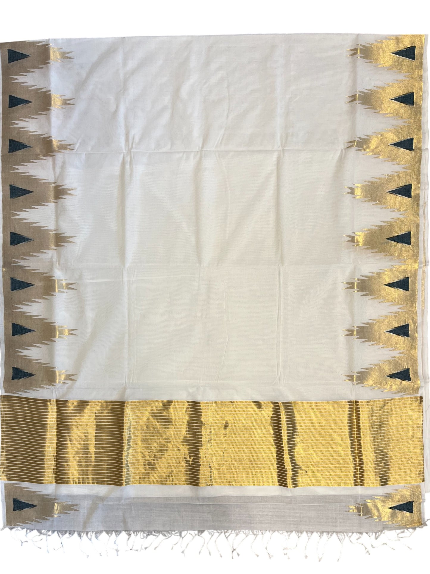 Southloom Super Premium Balaramapuram Unakkupaavu Handloom Cotton Saree with Green and Gold Temple Border