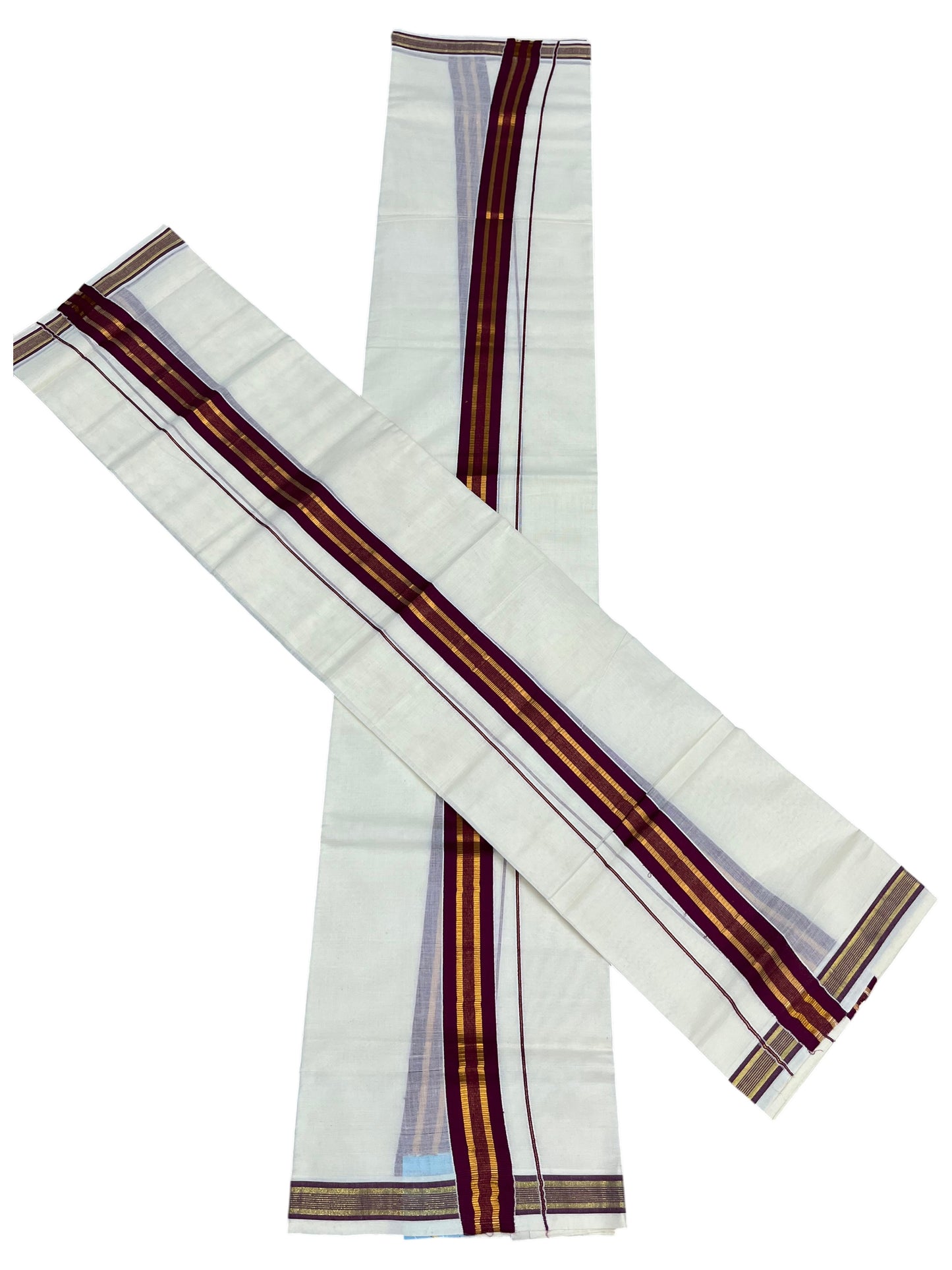 Southloom Kerala Cotton Single Set Mundu (Mundum Neriyathum) with Kasavu and Maroon Border  SLKK SL470