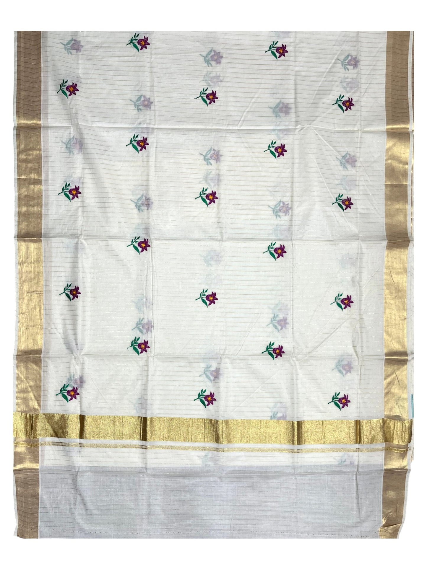 Southloom Kerala Cotton Kasavu Lines Saree with Floral Embroidery Work on Body