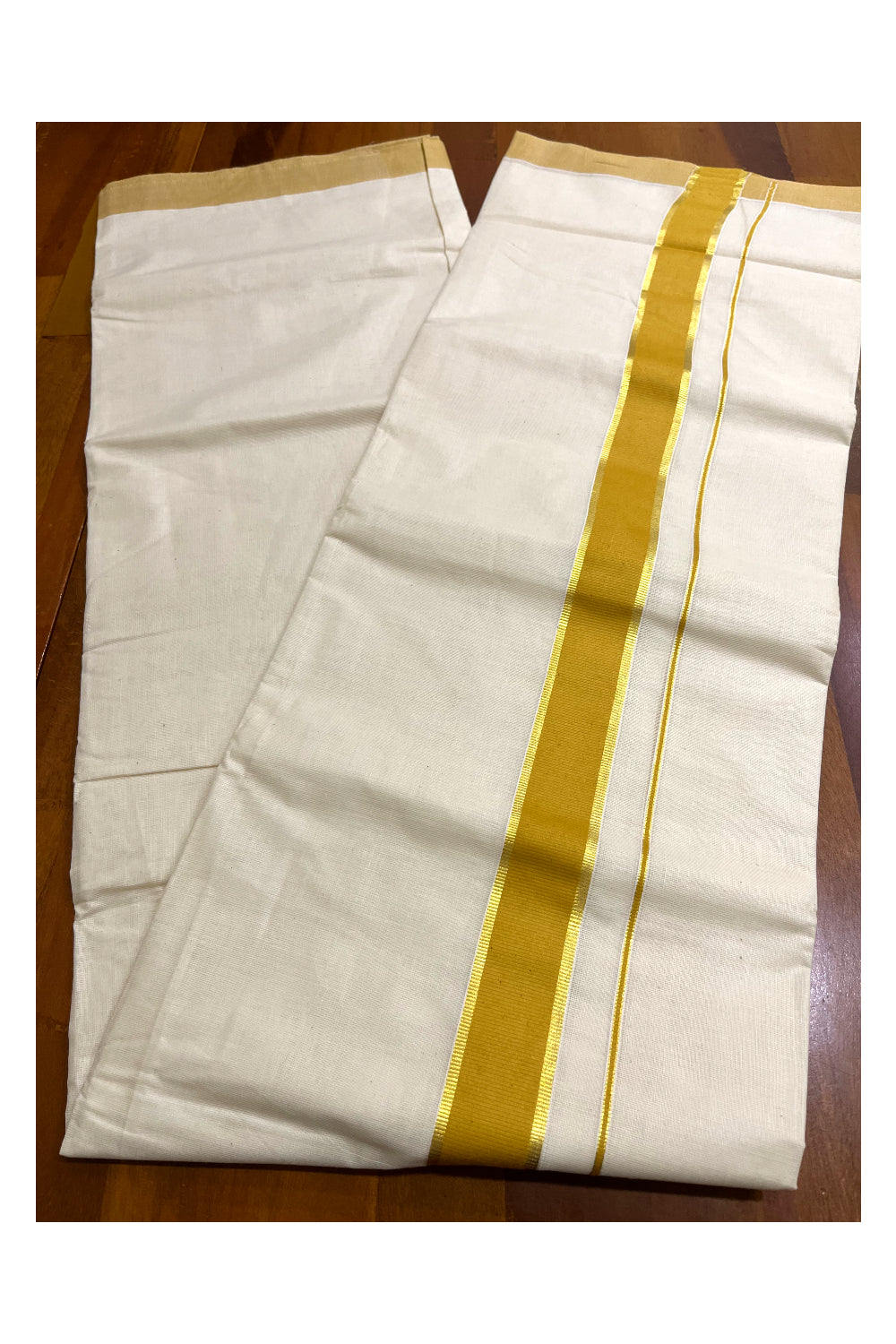 Kerala Pure Cotton Double Mundu with Yellow and Kasavu Border (South Indian Kerala Dhoti)