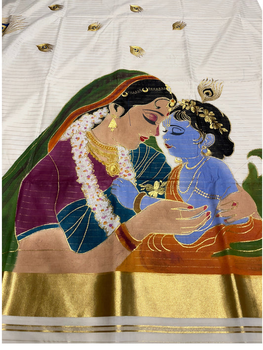 Southloom Cotton Kerala Kasavu Saree with Hand Painted Embroidery Krishna & Yashodha Design