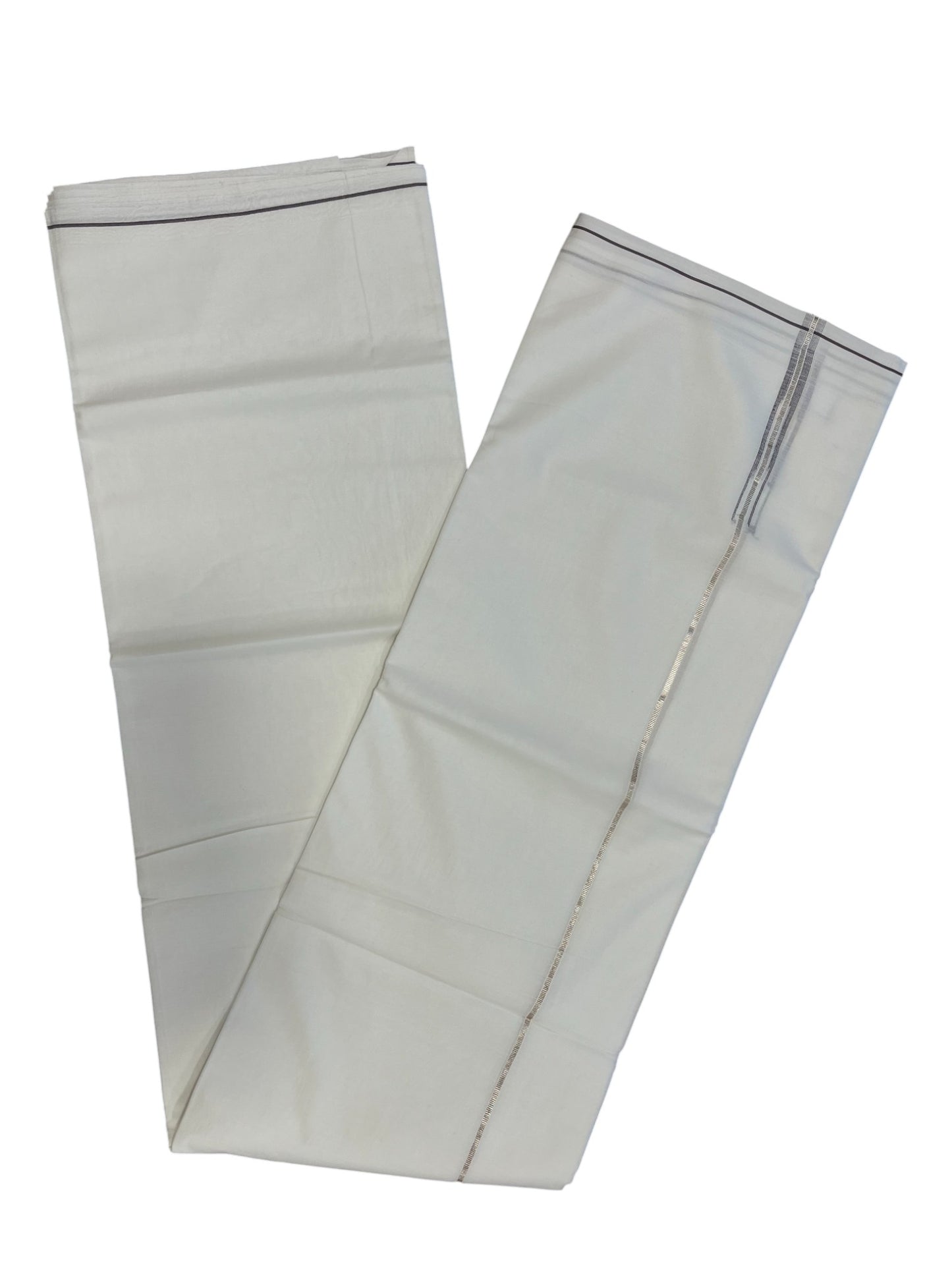 Pure White Cotton Double Mundu with Silver Chutti Kara (South Indian Dhoti)